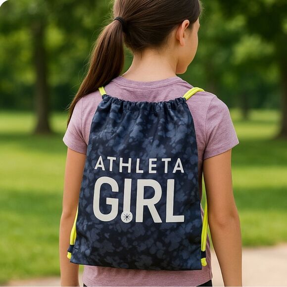 Athleta Girl Drawstring Backpack Sac Navy Blue Tie Dye Mark Swirl Sporty New - Picture 1 of 2